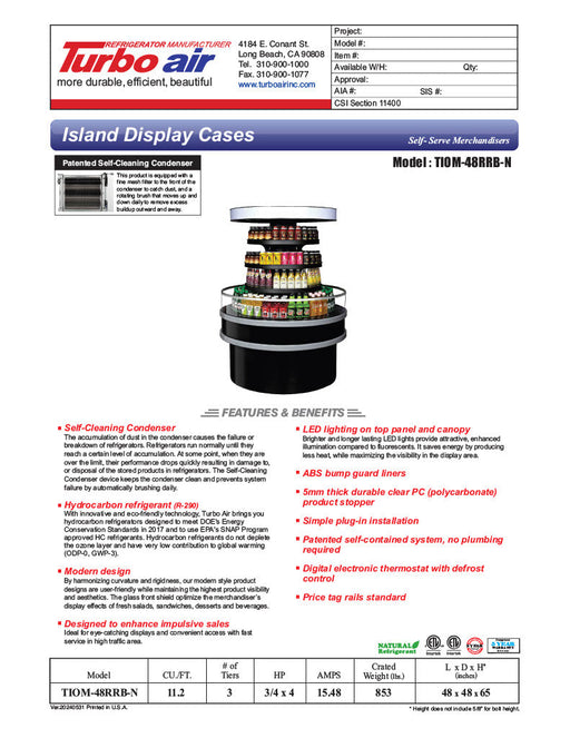Turbo Air TIOM-48RRB-N 48" Black Vertical Round Island Open Air Cooler with (4) Levels, 220v/1ph - Donut-Supplies.Com