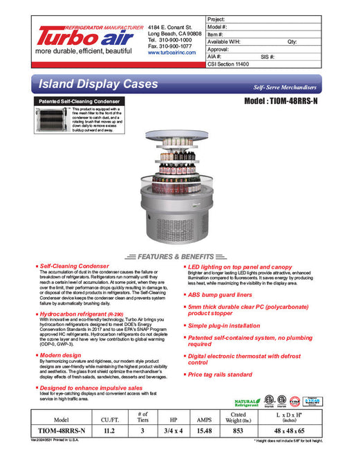 Turbo Air TIOM-48RRS-N 48" Stainless Steel Vertical Round Island Open Air Cooler with (3) Levels, 220v/1ph - Donut-Supplies.Com