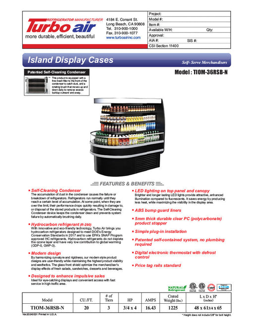 Turbo Air TIOM-36RSB-N 48" Black Horizontal Island Open Air Cooler with (4) Levels, 220v/1ph - Donut-Supplies.Com