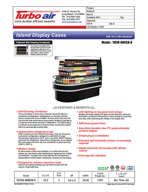 Turbo Air TIOM-48RSB-N 48" Black Horizontal Island Open Air Cooler with (4) Levels, 220v/1ph - Donut-Supplies.Com