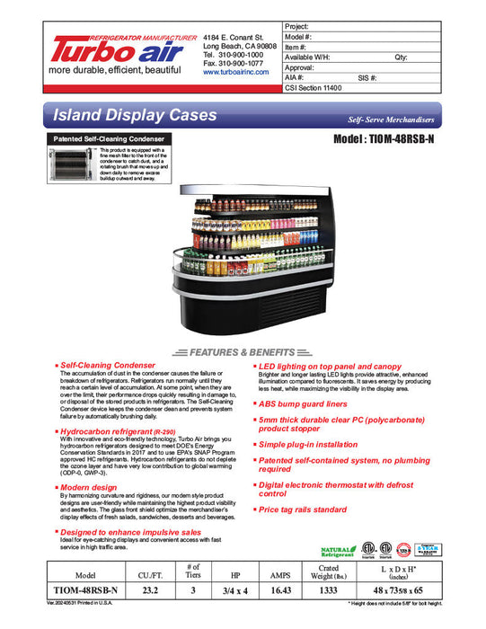 Turbo Air TIOM-48RSB-N 48" Black Horizontal Island Open Air Cooler with (4) Levels, 220v/1ph - Donut-Supplies.Com