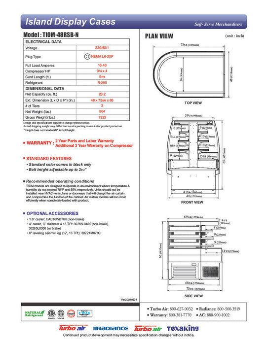 Turbo Air TIOM-48RSB-N 48" Black Horizontal Island Open Air Cooler with (4) Levels, 220v/1ph - Donut-Supplies.Com