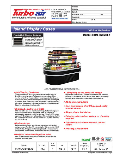 Turbo Air TIOM-36RSRB-N 48" Black Horizontal Island Open Air Cooler with (4) Levels, 220v/1ph - Donut-Supplies.Com
