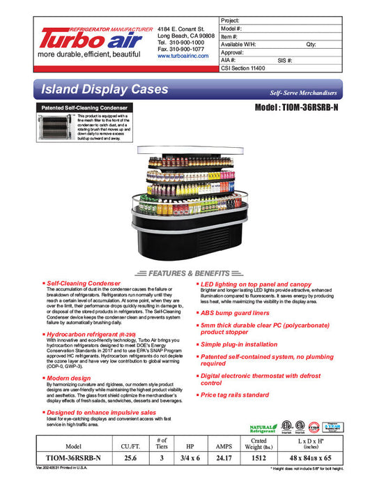 Turbo Air TIOM-36RSRB-N 48" Black Horizontal Island Open Air Cooler with (4) Levels, 220v/1ph - Donut-Supplies.Com