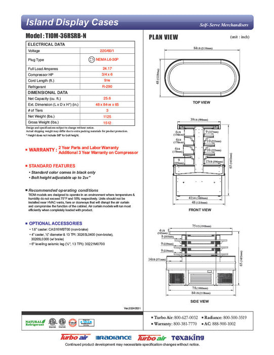 Turbo Air TIOM-36RSRB-N 48" Black Horizontal Island Open Air Cooler with (4) Levels, 220v/1ph - Donut-Supplies.Com