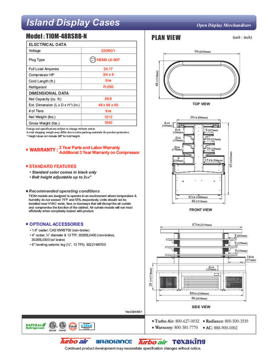 Turbo Air TIOM-48RSRB-N 48" Black Horizontal Island Open Air Cooler – 4 Level Display, 220v - Donut-Supplies.Com