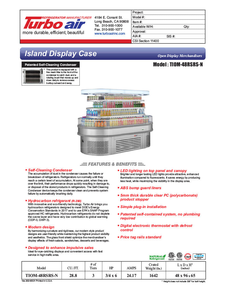 Turbo Air TIOM-48RSRS-N 48" Stainless Steel Horizontal Island Open Air Cooler – 4 Level Display, 220v - Donut-Equipment.com