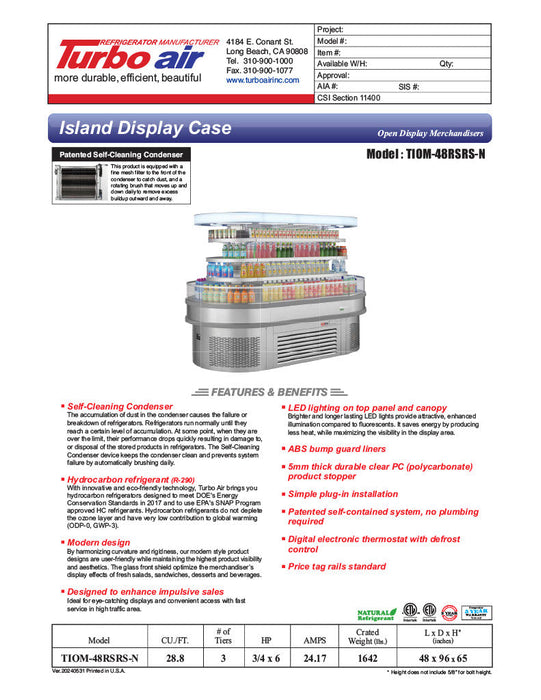 Turbo Air TIOM-48RSRS-N 48" Stainless Steel Horizontal Island Open Air Cooler – 4 Level Display, 220v - Donut-Supplies.Com