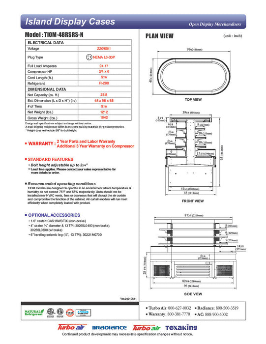 Turbo Air TIOM-48RSRS-N 48" Stainless Steel Horizontal Island Open Air Cooler – 4 Level Display, 220v - Donut-Supplies.Com