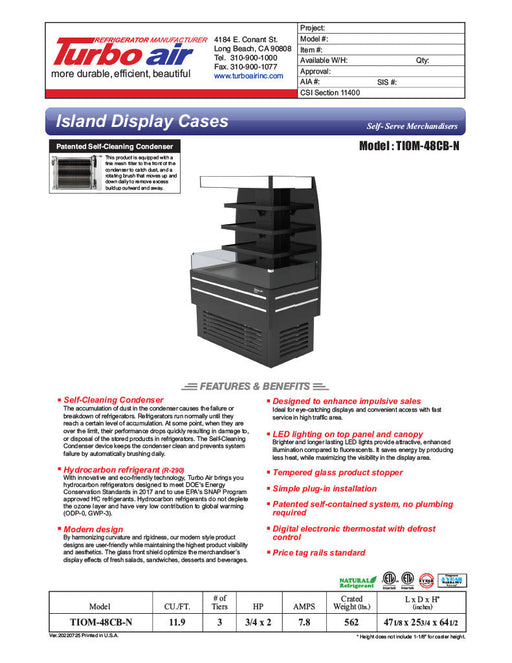 Turbo Air TIOM-48CB-N 48" Black Square Glass Island Display Case – Open Air Merchandiser, 220v - Donut-Supplies.Com