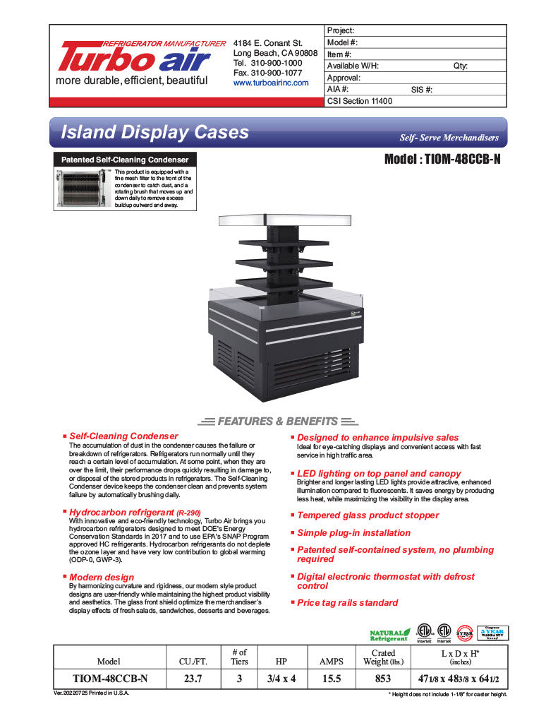Turbo Air TIOM-48CCB-N 48" Square Island Open Air Cooler w/ (4) Display Shelves, Black Exterior, 220v - Donut-Equipment.com
