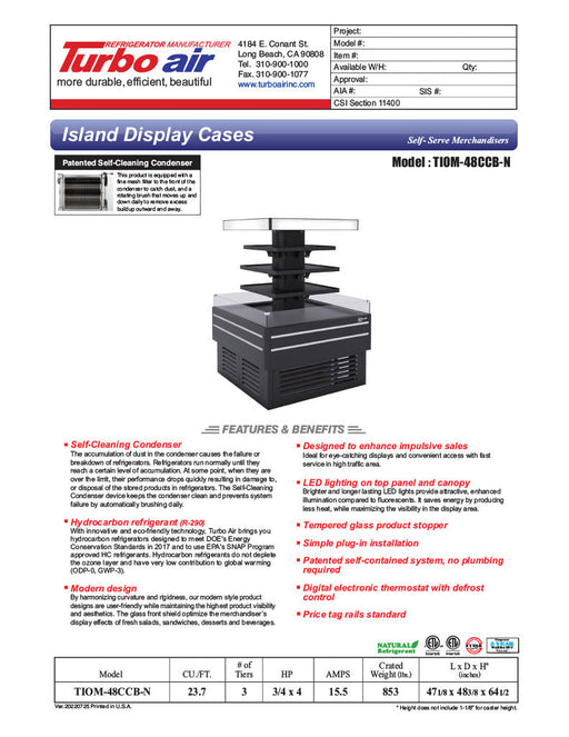 Turbo Air TIOM-48CCB-N 48" Square Island Open Air Cooler w/ (4) Display Shelves, Black Exterior, 220v - Donut-Supplies.Com