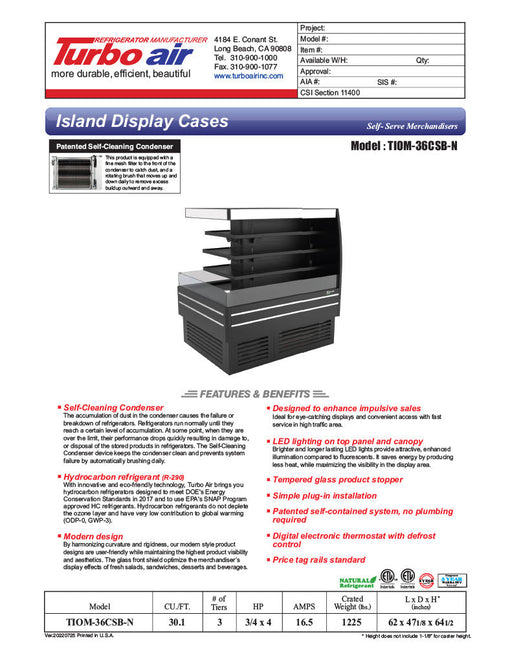 Turbo Air TIOM-48CSB-N 73" Square Island Open Air Merchandiser, 36 Cu. Ft., Self-Serve, Black, 220v - Donut-Supplies.Com