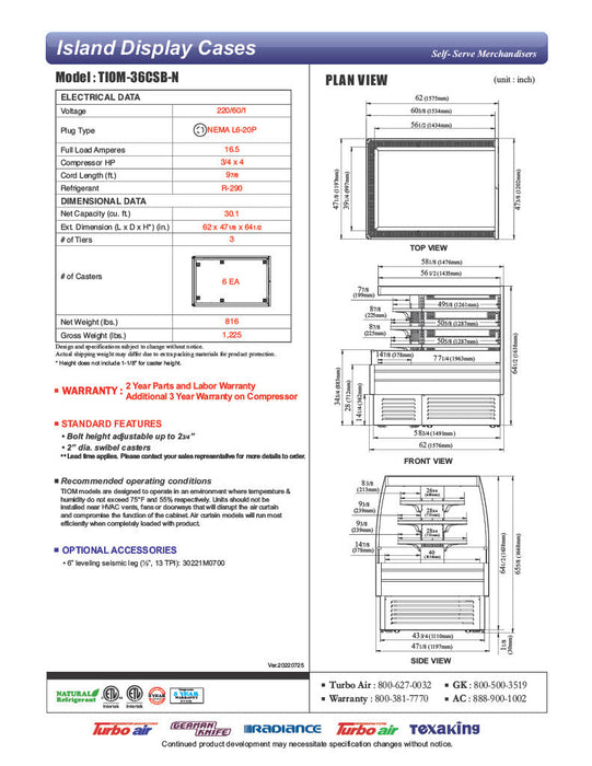 Turbo Air TIOM-36CSB-N 36" Square Island Open Air Cooler w/ (4) Display Shelves, Black Exterior, 220v - Donut-Supplies.Com