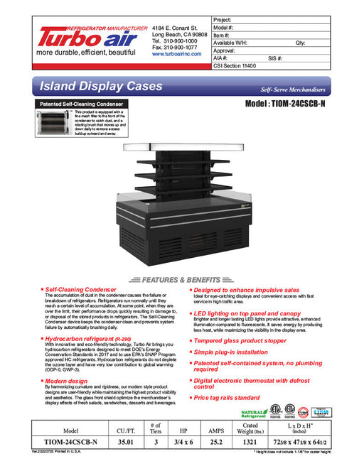 Turbo Air TIOM-24CSCB-N 72" Square Glass Island Open Air Merchandiser, 24 Cu. Ft., Self-Serve, Black, 220v - Donut-Supplies.Com