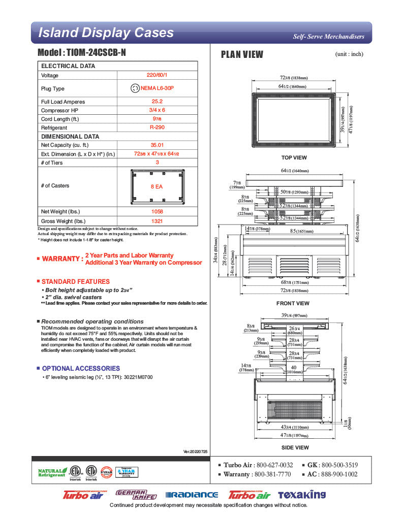 Turbo Air TIOM-24CSCB-N 72" Square Glass Island Open Air Merchandiser, 24 Cu. Ft., Self-Serve, Black, 220v - Donut-Equipment.com