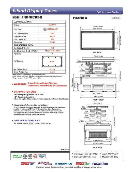 Turbo Air TIOM-36CSCB-N 84" Square Glass Island Open Air Merchandiser, 36 Cu. Ft., Self-Serve, Black, 220v - Donut-Supplies.Com