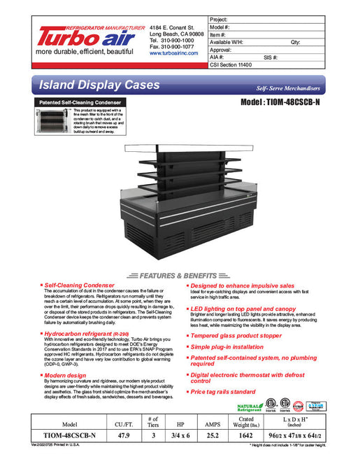 Turbo Air TIOM-36CSCB-N 84" Square Glass Island Open Air Merchandiser, 36 Cu. Ft., Self-Serve, Black, 220v - Donut-Supplies.Com