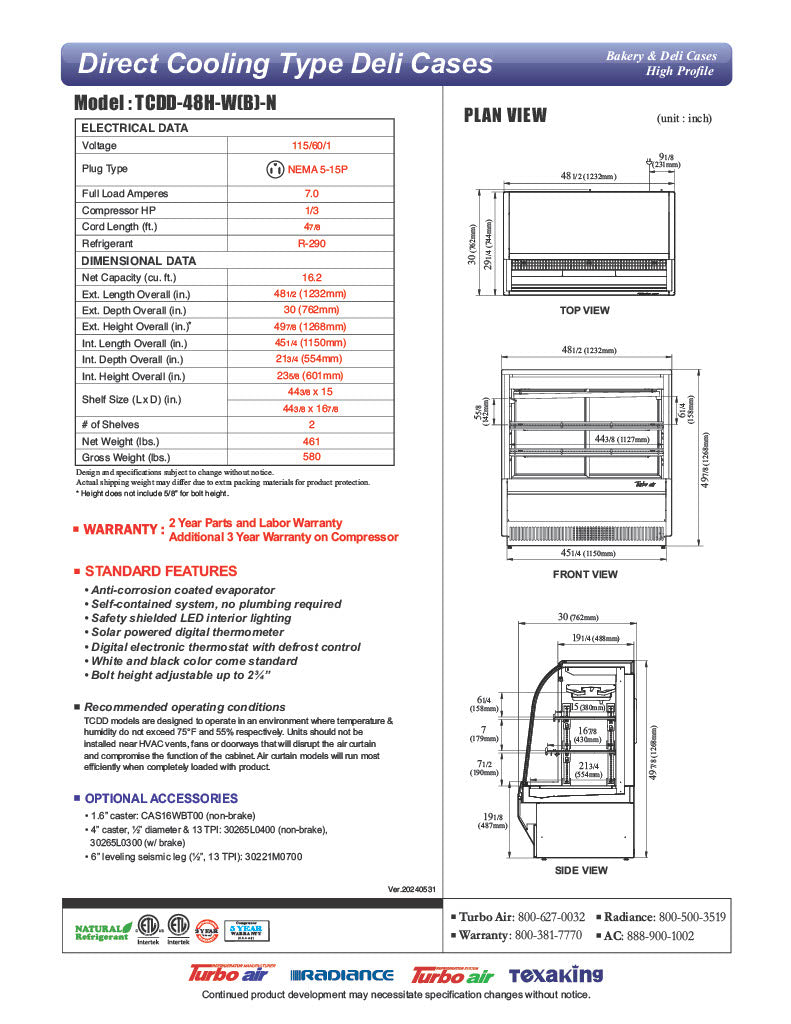 Turbo Air TCDD-48H-B-N 48" Curved Glass Full-Service Deli Display Case, 3 Levels, Black Exterior, 115v - Donut-Equipment.com