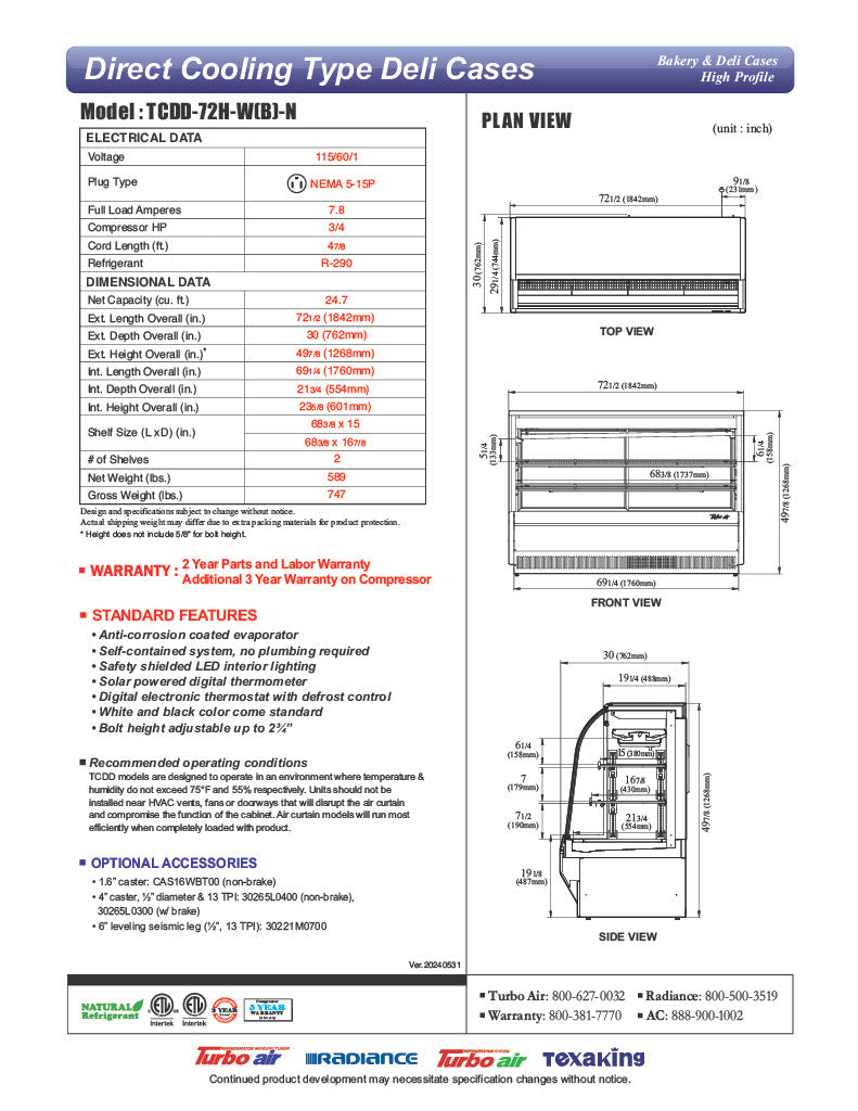 Turbo Air TCDD-72H-B-N 72" Curved Glass Full-Service Deli Display Case, 3 Levels, Black Exterior, 115v - Donut-Equipment.com
