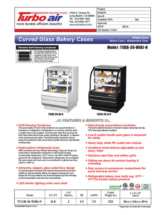 Turbo Air TCGB-36-B-N 36" Curved Glass Refrigerated Bakery Display Case, Black Exterior, 115v - Donut-Supplies.Com