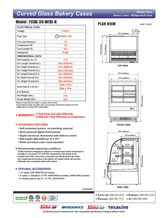 Turbo Air TCGB-36-W-N 36" Curved Glass Refrigerated Bakery Display Case, White Exterior, 115v - Donut-Supplies.Com