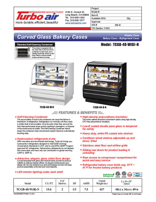 Turbo Air TCGB-48-W-N 48-1/2" Curved Glass Full-Service Refrigerated Bakery Display Case, 3 Levels, White Exterior, 115v - Donut-Supplies.Com
