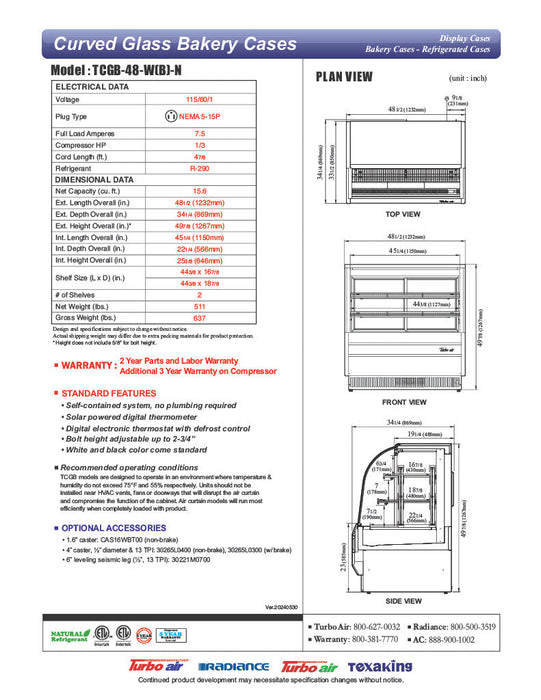 Turbo Air TCGB-48-W-N 48-1/2" Curved Glass Full-Service Refrigerated Bakery Display Case, 3 Levels, White Exterior, 115v - Donut-Supplies.Com