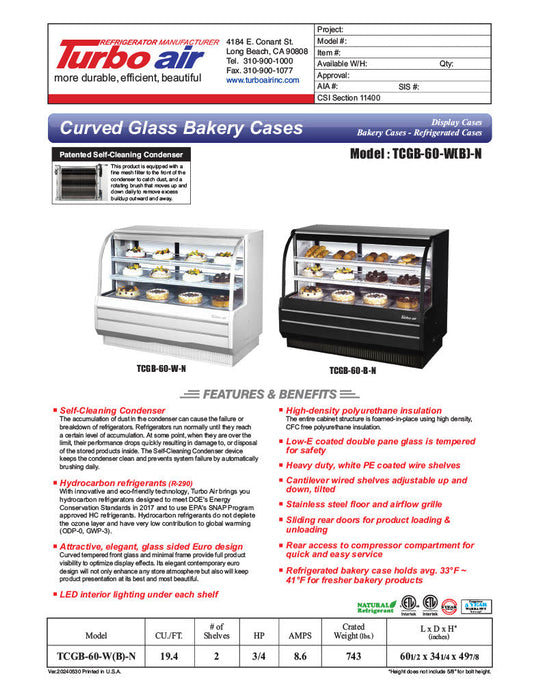 Turbo Air TCGB-60-W-N 60-1/2" Curved Glass Full-Service Refrigerated Bakery Display Case, 3 Levels, White Exterior, 115v - Donut-Supplies.Com