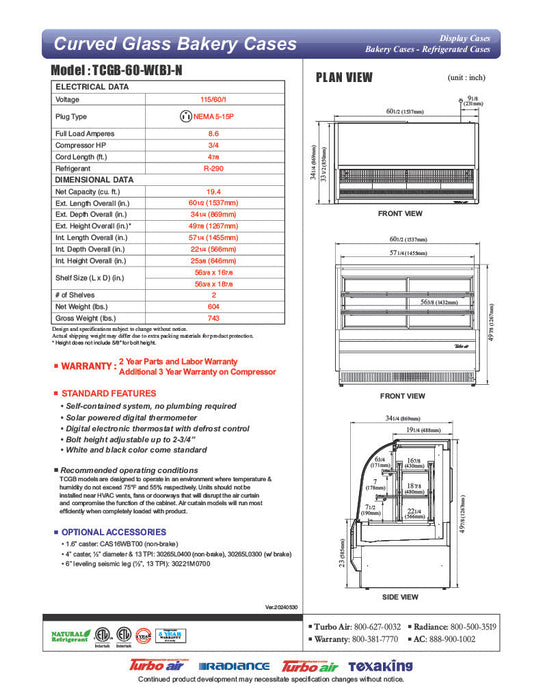Turbo Air TCGB-60-B-N 60-1/2" Curved Glass Full-Service  Refrigerated Bakery Display Case, 3 Levels, Black Exterior, 115v - Donut-Supplies.Com