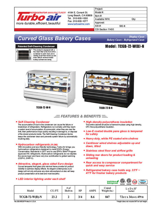 Turbo Air TCGB-72-W-N 72-1/2" Curved Glass Refrigerated Full-Service Bakery Display Case, 3 Levels, White Exterior, 115v - Donut-Supplies.Com