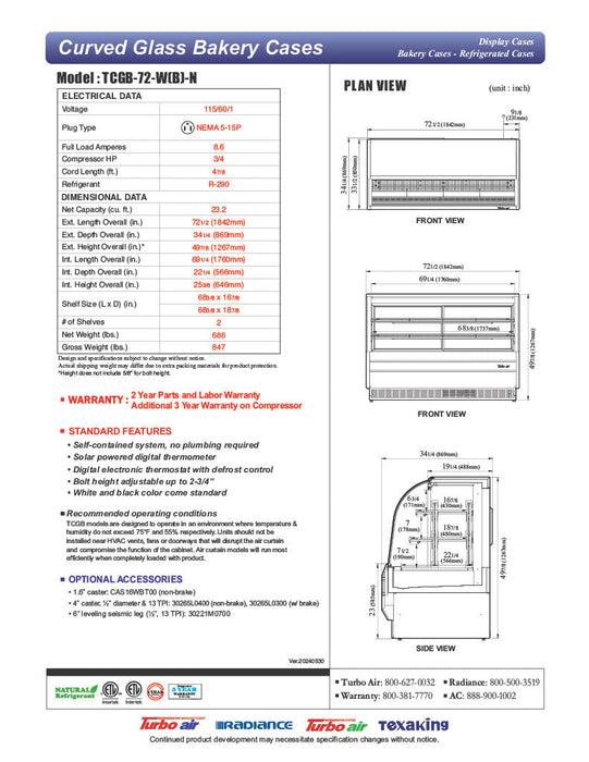 Turbo Air TCGB-72-B-N 72-1/2" Curved Glass Full-Service Refrigerated Bakery Display Case, 3 Levels, Black Exterior, 115v - Donut-Supplies.Com