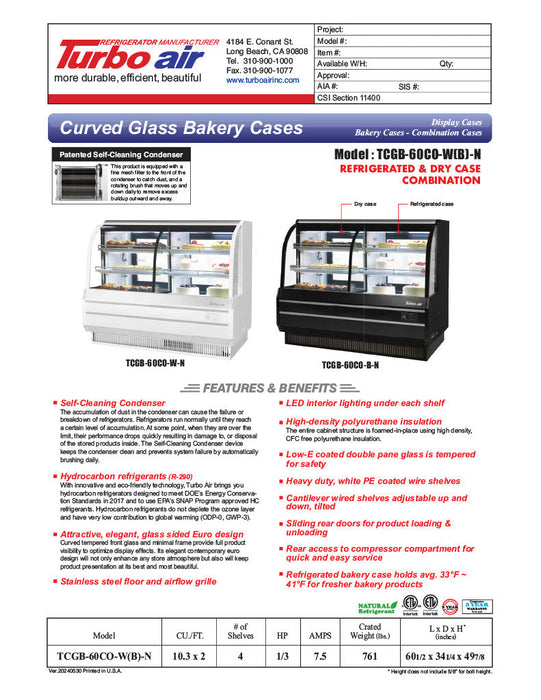 Turbo Air TCGB-60CO-B-N 60-1/2" Curved Glass Full-Service Dual Zone Dry/Refrigerated Bakery Display Case, 3 Levels, Black Exterior, 115v - Donut-Supplies.Com