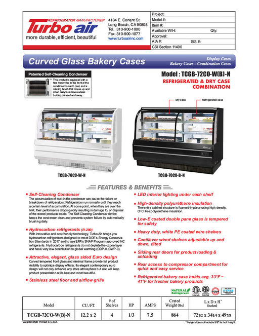 Turbo Air TCGB-72CO-B-N 72" Curved Glass Full-Service Dual Zone Dry/Refrigerated Bakery Display Case, 3 Levels, Black Exterior, 115v - Donut-Supplies.Com