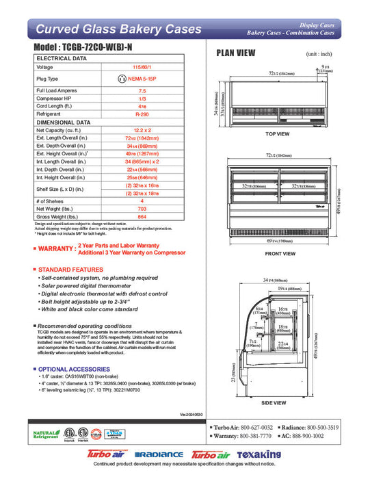 Turbo Air TCGB-72CO-B-N 72" Curved Glass Full-Service Dual Zone Dry/Refrigerated Bakery Display Case, 3 Levels, Black Exterior, 115v - Donut-Supplies.Com
