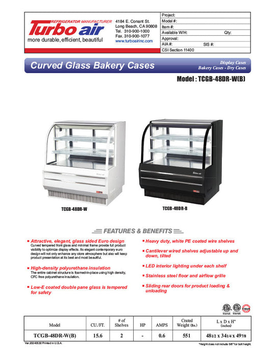 Turbo Air TCGB-48DR-W 48-1/2" Curved Glass Full-Service Dry Bakery Display Case, 3 Levels, White Exterior, 115v - Donut-Supplies.Com