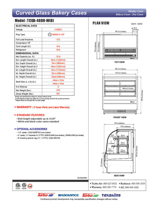Turbo Air TCGB-48DR-B 48-1/2" Curved Glass Full-Service Dry Bakery Display Case, 3 Levels, Black Exterior, 115v - Donut-Supplies.Com