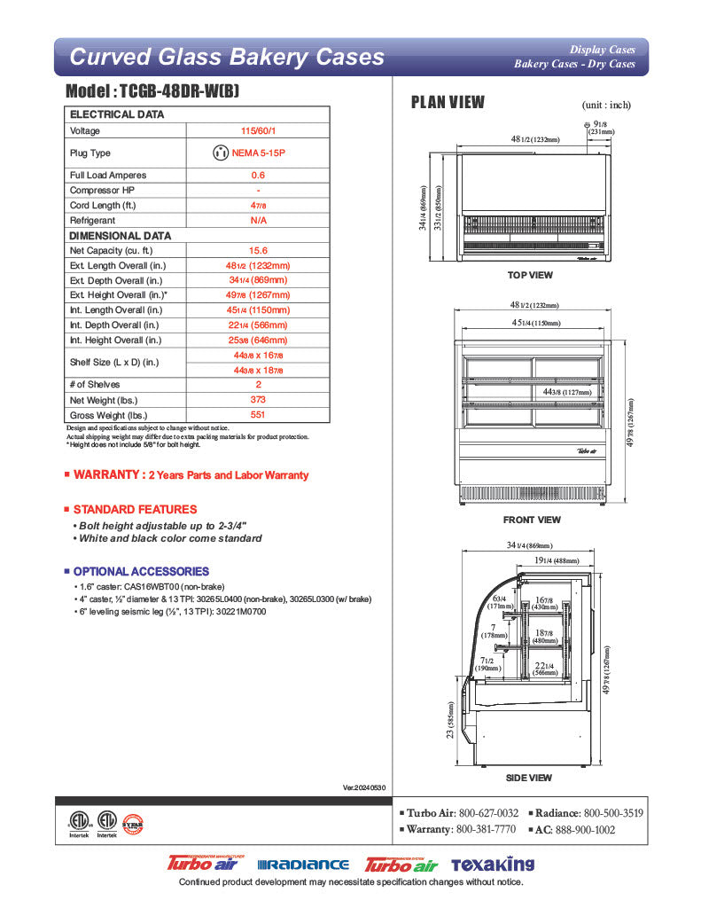 Turbo Air TCGB-48DR-B 48-1/2" Curved Glass Full-Service Dry Bakery Display Case, 3 Levels, Black Exterior, 115v - Donut-Equipment.com