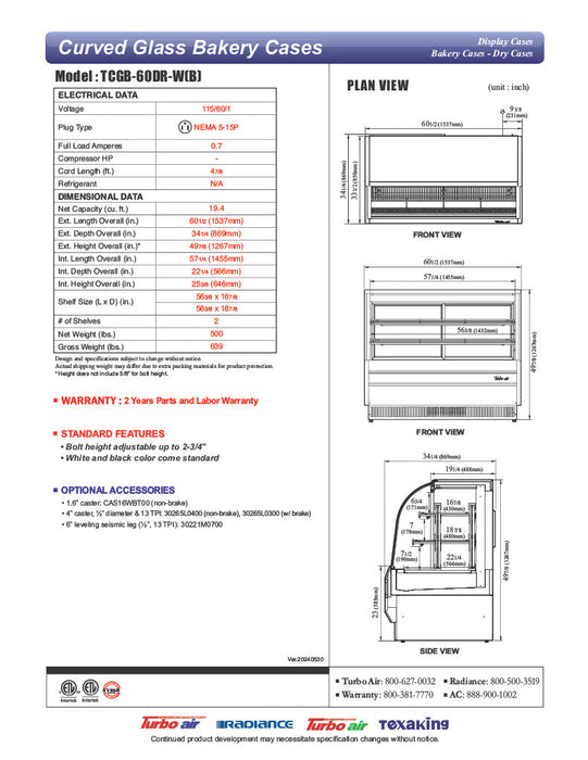 Turbo Air TCGB-60DR-W 60-1/2" Curved Glass Full-Service Dry Bakery Display Case, 3 Levels, White Exterior, 115v - Donut-Supplies.Com