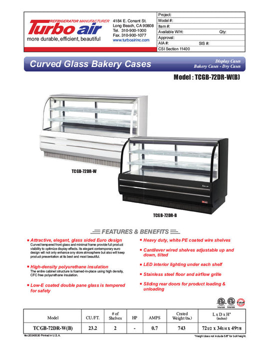 Turbo Air TCGB-72DR-B 72" Curved Glass Full-Service Dry Bakery Display Case, 3 Levels, Black Exterior, 115v - Donut-Supplies.Com