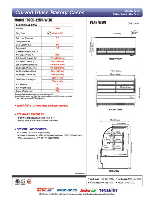 Turbo Air TCGB-72DR-W 72" Curved Glass Full-Service Dry Bakery Display Case, 3 Levels, White Exterior, 115v - Donut-Supplies.Com