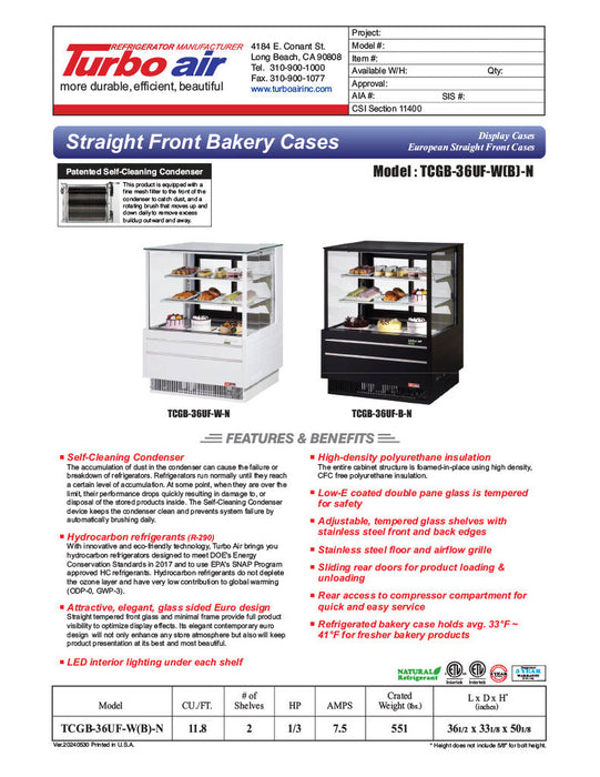 Turbo Air TCGB-36UF-W-N 36-1/2" Straight Glass Full-Service Bakery Display Case, 3 Levels, White Exterior, 115v - Donut-Supplies.Com