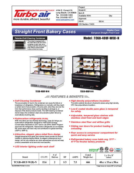Turbo Air TCGB-48UF-B-N 48-1/2" Refrigerated Straight Glass Full-Service Bakery Display Case, 3 Levels, Black Exterior, 115v - Donut-Supplies.Com
