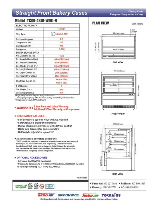 Turbo Air TCGB-48UF-B-N 48-1/2" Refrigerated Straight Glass Full-Service Bakery Display Case, 3 Levels, Black Exterior, 115v - Donut-Supplies.Com