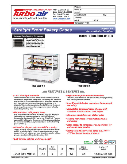 Turbo Air TCGB-60UF-W-N 60-1/2" Refrigerated Straight Glass Full-Service Bakery Display Case, 3 Levels, White Exterior, 115v - Donut-Supplies.Com