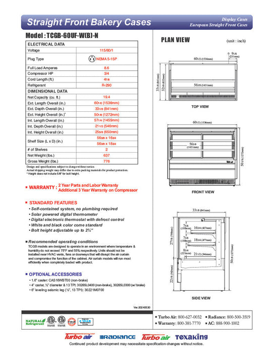 Turbo Air TCGB-60UF-W-N 60-1/2" Refrigerated Straight Glass Full-Service Bakery Display Case, 3 Levels, White Exterior, 115v - Donut-Supplies.Com