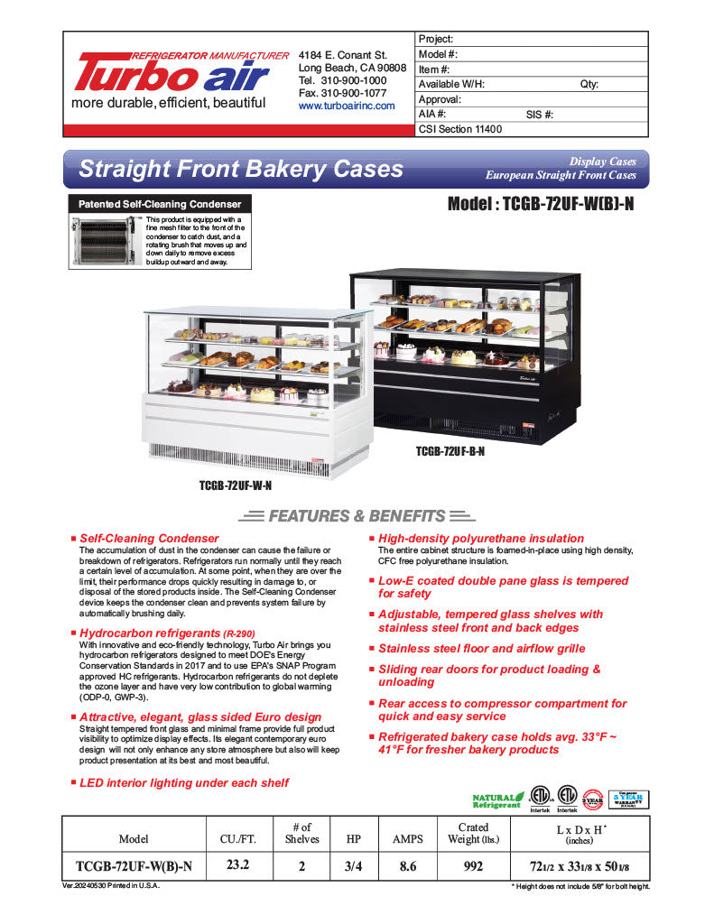 Turbo Air TCGB-72UF-B-N 72-1/2" Refrigerated Straight Glass Full-Service Bakery Display Case, 3 Levels, Black Exterior, 115v - Donut-Equipment.com