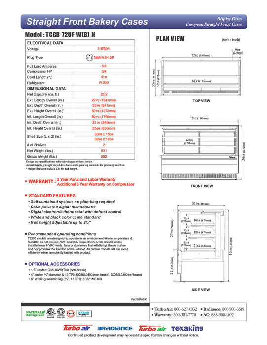 Turbo Air TCGB-72UF-B-N 72-1/2" Refrigerated Straight Glass Full-Service Bakery Display Case, 3 Levels, Black Exterior, 115v - Donut-Supplies.Com