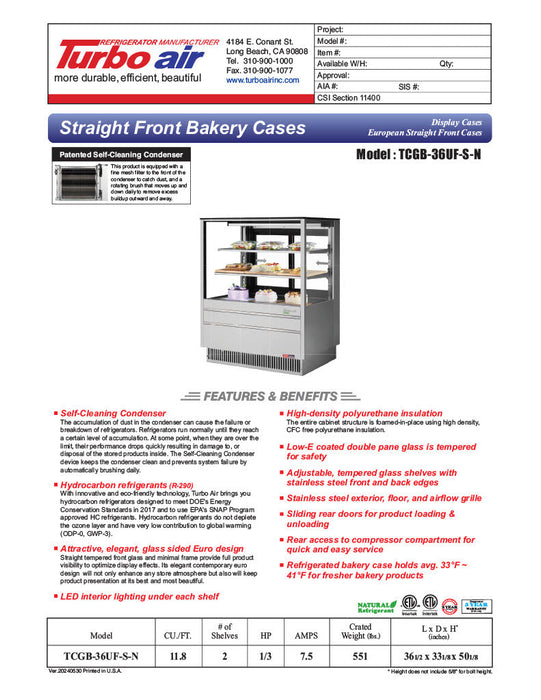 Turbo Air TCGB-36UF-S-N 36-1/2" Refrigerated Straight Glass Full-Service Bakery Display Case, 3 Levels, Stainless Steel Exterior, 115v - Donut-Supplies.Com