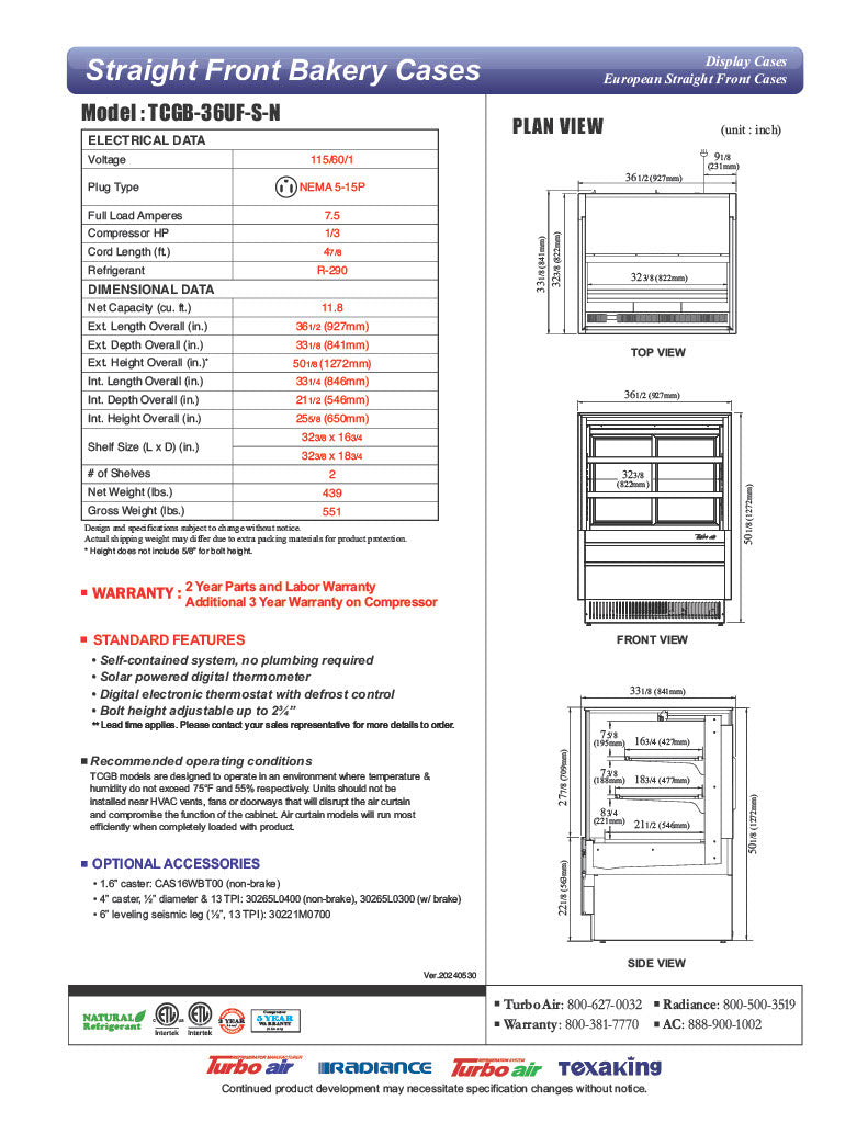 Turbo Air TCGB-36UF-S-N 36-1/2" Refrigerated Straight Glass Full-Service Bakery Display Case, 3 Levels, Stainless Steel Exterior, 115v - Donut-Equipment.com
